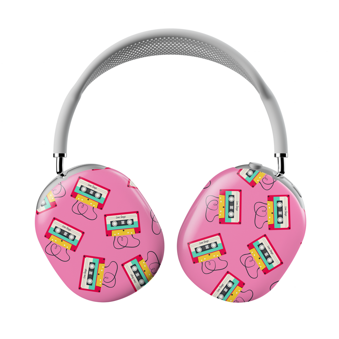 Pink AirPods Max cover with colorful cassette tape and heart line art pattern, retro 90s aesthetic headphone skin for Apple AirPods Max.