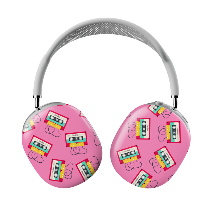 Pink AirPods Max cover with colorful cassette tape and heart line art pattern, retro 90s aesthetic headphone skin for Apple AirPods Max.