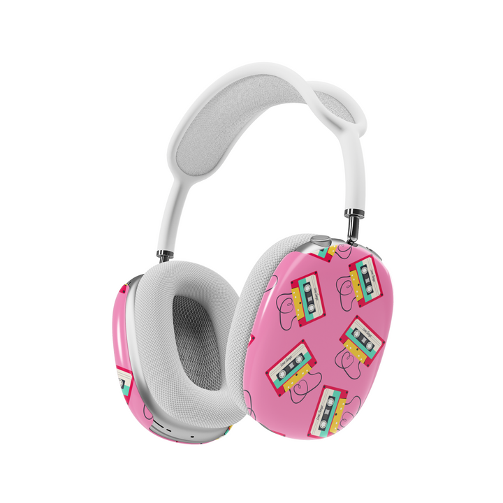 Pink AirPods Max cover with colorful cassette tape and heart line art pattern, retro 90s aesthetic headphone skin for Apple AirPods Max.