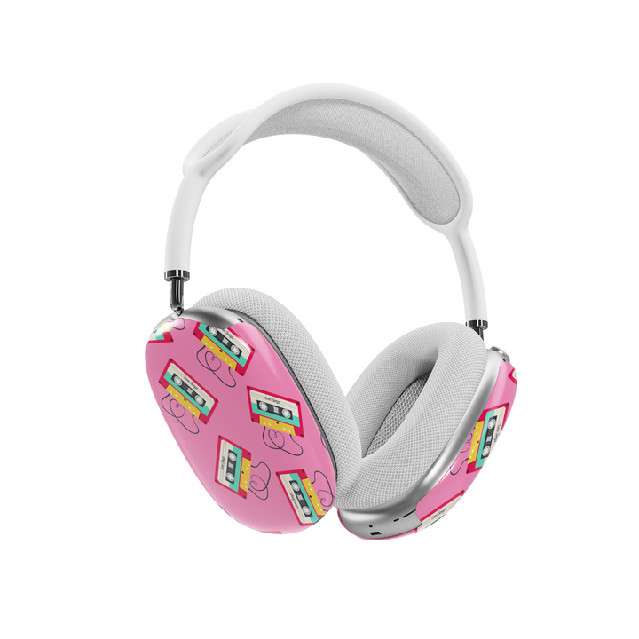 Pink AirPods Max cover with colorful cassette tape and heart line art pattern, retro 90s aesthetic headphone skin for Apple AirPods Max.