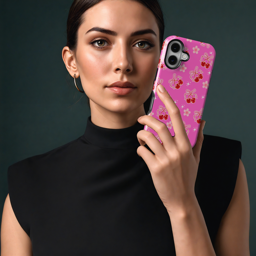 Pink cherry bow iPhone 16 MagSafe tough phone case, girly cute sparkle design, protective case for women, aesthetic gift for her