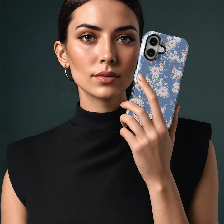 Blue floral iPhone 16 MagSafe tough phone case, pastel spring flower pattern, cute protective case for women, aesthetic gift for her

