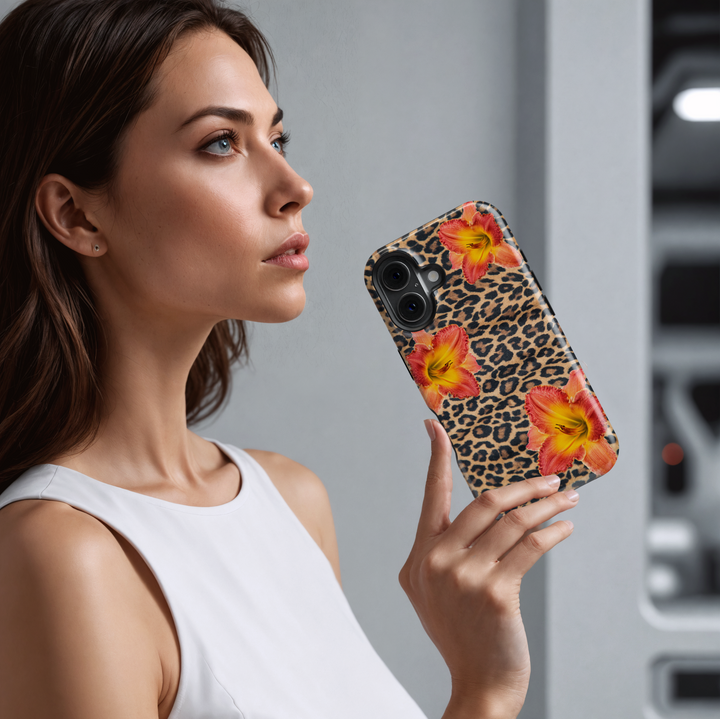 MagSafe iPhone 16 Pro Max case with leopard print and tropical flower design – protective wild aesthetic case for iPhone 15 Pro and iPhone 16e