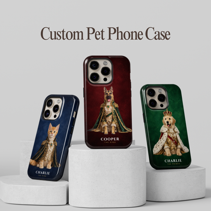 Custom royal pet phone case featuring personalized dog and cat portraits transformed into king and queen artwork on premium protective phone cases with navy, burgundy, and emerald backgrounds.