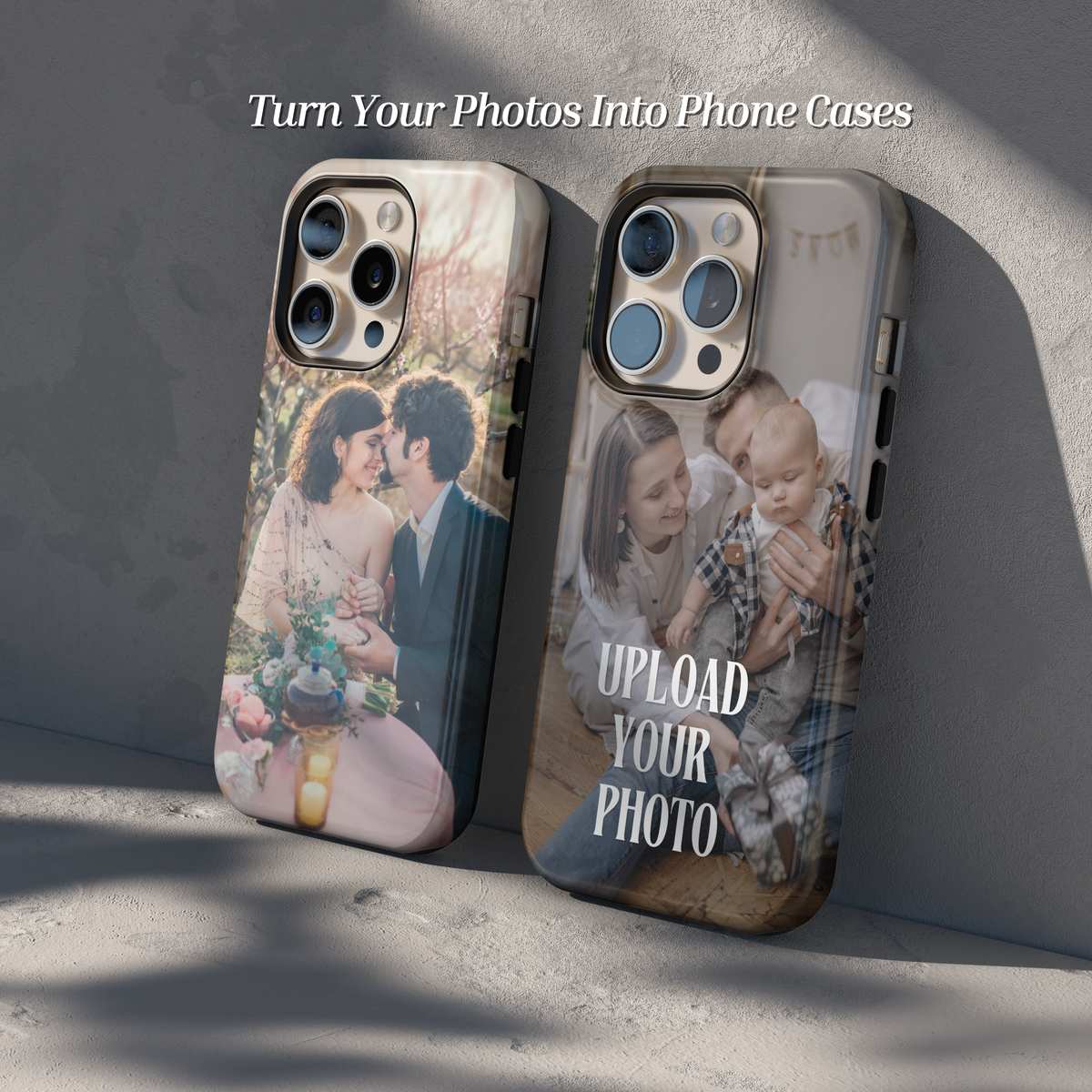Custom photo phone case featuring personalized family, pet, and couple pictures on a protective tough case. Personalized photo phone cover gift for iPhone, Samsung Galaxy, and Google Pixel.