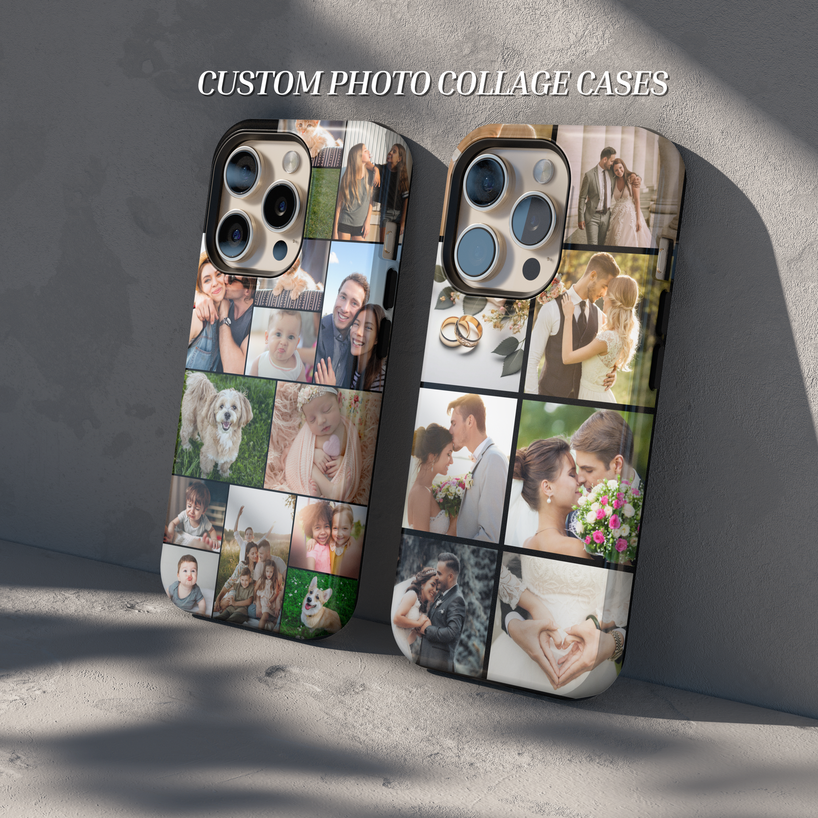 Custom Collage photo phone case for iPhone featuring a personalized family picture with elegant full-photo printing. Protective Tough Case with glossy finish, custom design, personalized gift for family, couples, parents, baby photos, anniversaries, birthdays, Mother's Day, Father's Day, and Christmas.