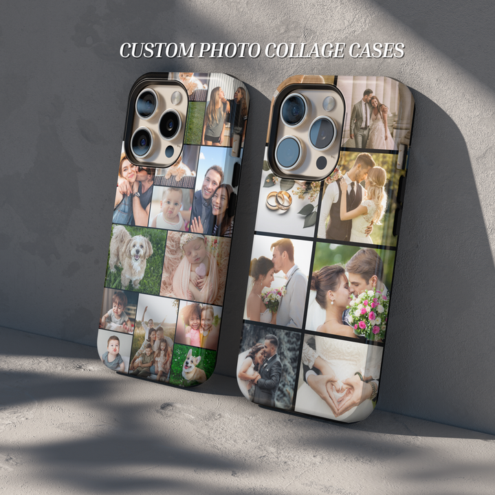 Custom Collage photo phone case for iPhone featuring a personalized family picture with elegant full-photo printing. Protective Tough Case with glossy finish, custom design, personalized gift for family, couples, parents, baby photos, anniversaries, birthdays, Mother's Day, Father's Day, and Christmas.