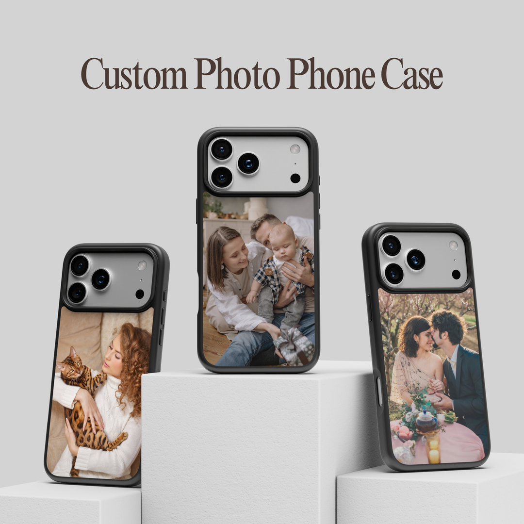 Custom photo phone case featuring personalized family, pet, and couple pictures on a protective tough case. Personalized photo phone cover gift for iPhone, Samsung Galaxy, and Google Pixel.
