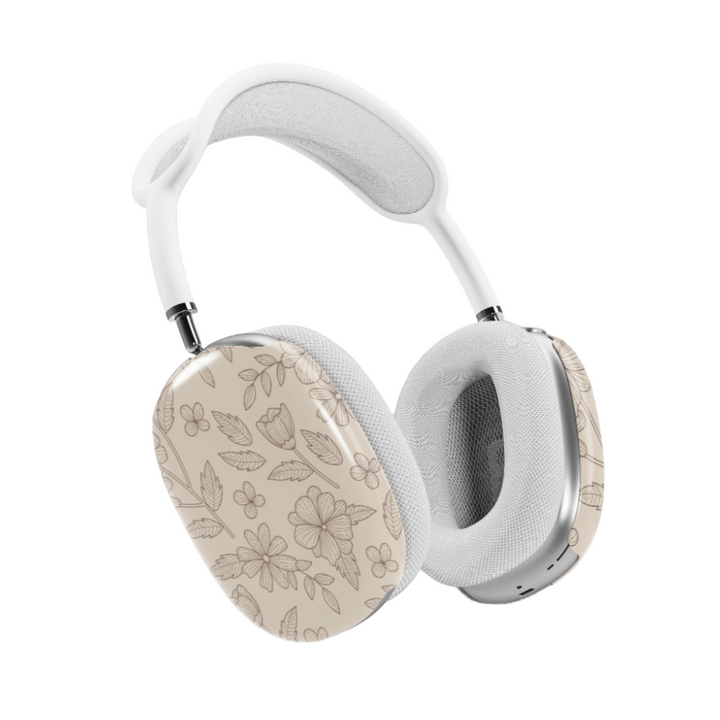 Beige AirPods Max cover with delicate brown floral line art, minimalist botanical headphone skin for Apple AirPods Max, elegant neutral tech accessory.