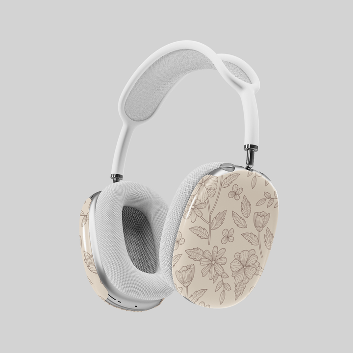 Beige AirPods Max cover with delicate brown floral line art, minimalist botanical headphone skin for Apple AirPods Max, elegant neutral tech accessory.