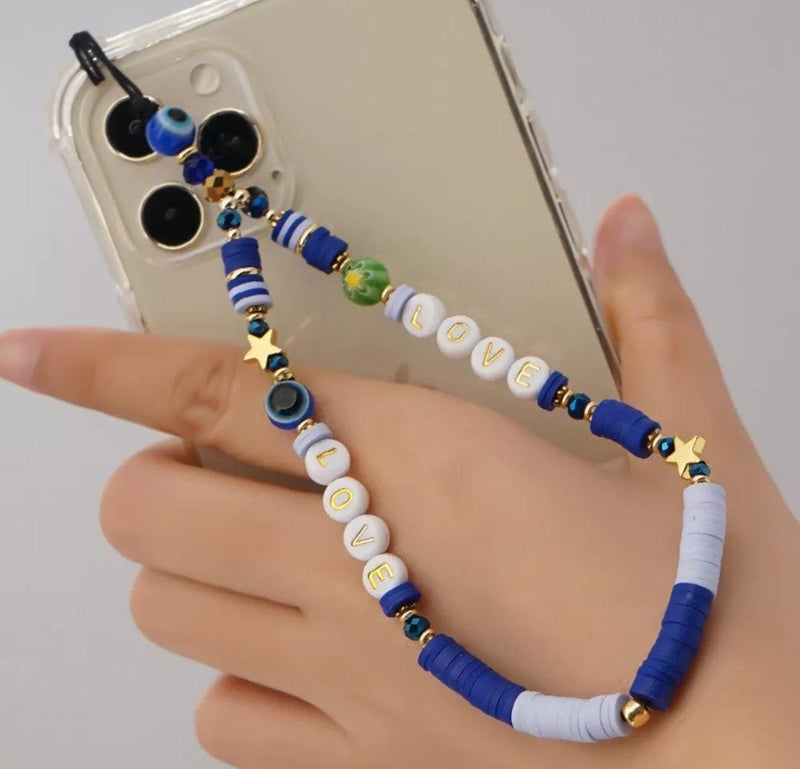 Blue Beaded Phone Charm Lanyard Wrist Strap - CASELIX