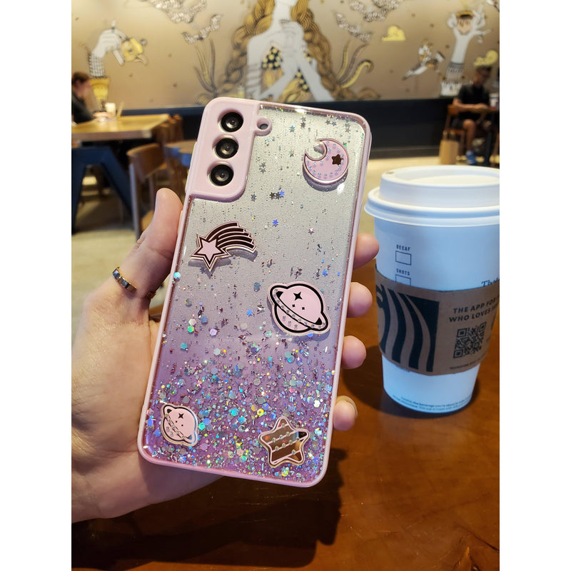 Samsung Galaxy Case Clear glitter Planet - Pink - CASELIX