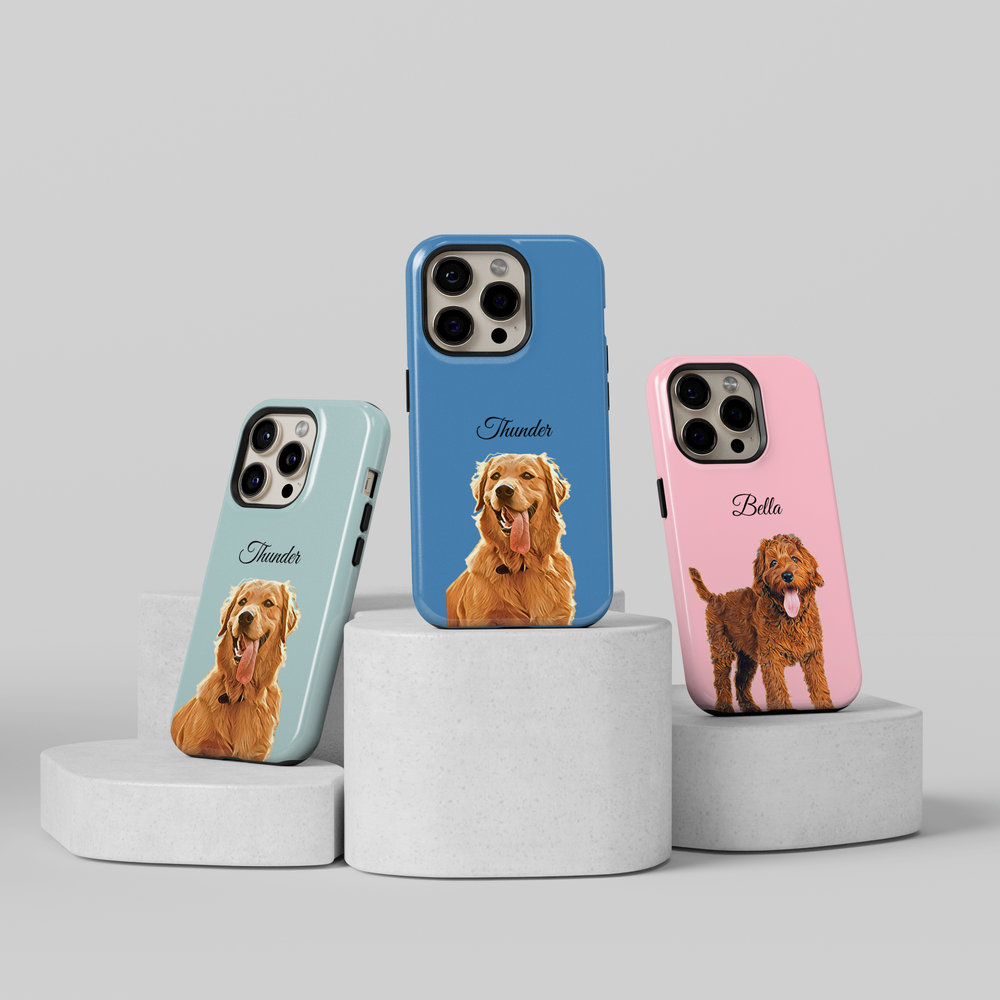 Personalized custom pet phone case with dog portrait – pink iPhone case featuring a cute puppy illustration and custom name Ideal gift for dog moms and pet lovers. Protective and stylish custom phone cover for pet owners