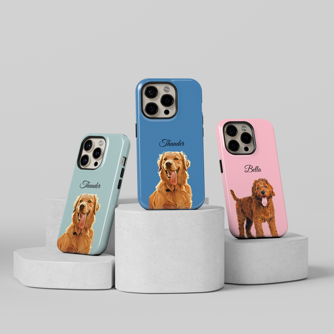 Personalized custom pet phone case with dog portrait – pink iPhone case featuring a cute puppy illustration and custom name Ideal gift for dog moms and pet lovers. Protective and stylish custom phone cover for pet owners