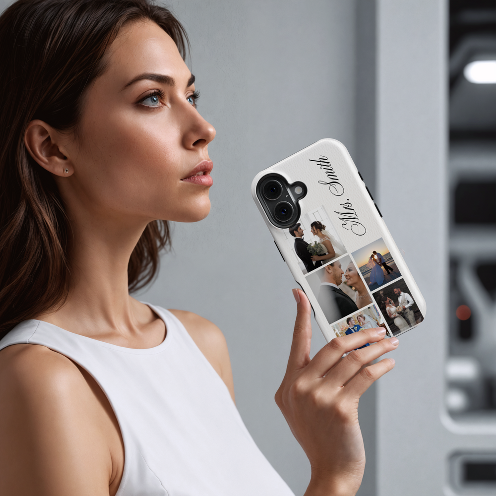Personalized Wedding Photo Collage Phone Case, Custom Bride and Groom Pictures, Elegant White Leather Texture, Newlywed Name Engraved Cover, Romantic Memory Keepsake, Stylish iPhone 16 Case, Samsung Galaxy S25 Ultra, Google Pixel 9 Pro, Protective Slim Case