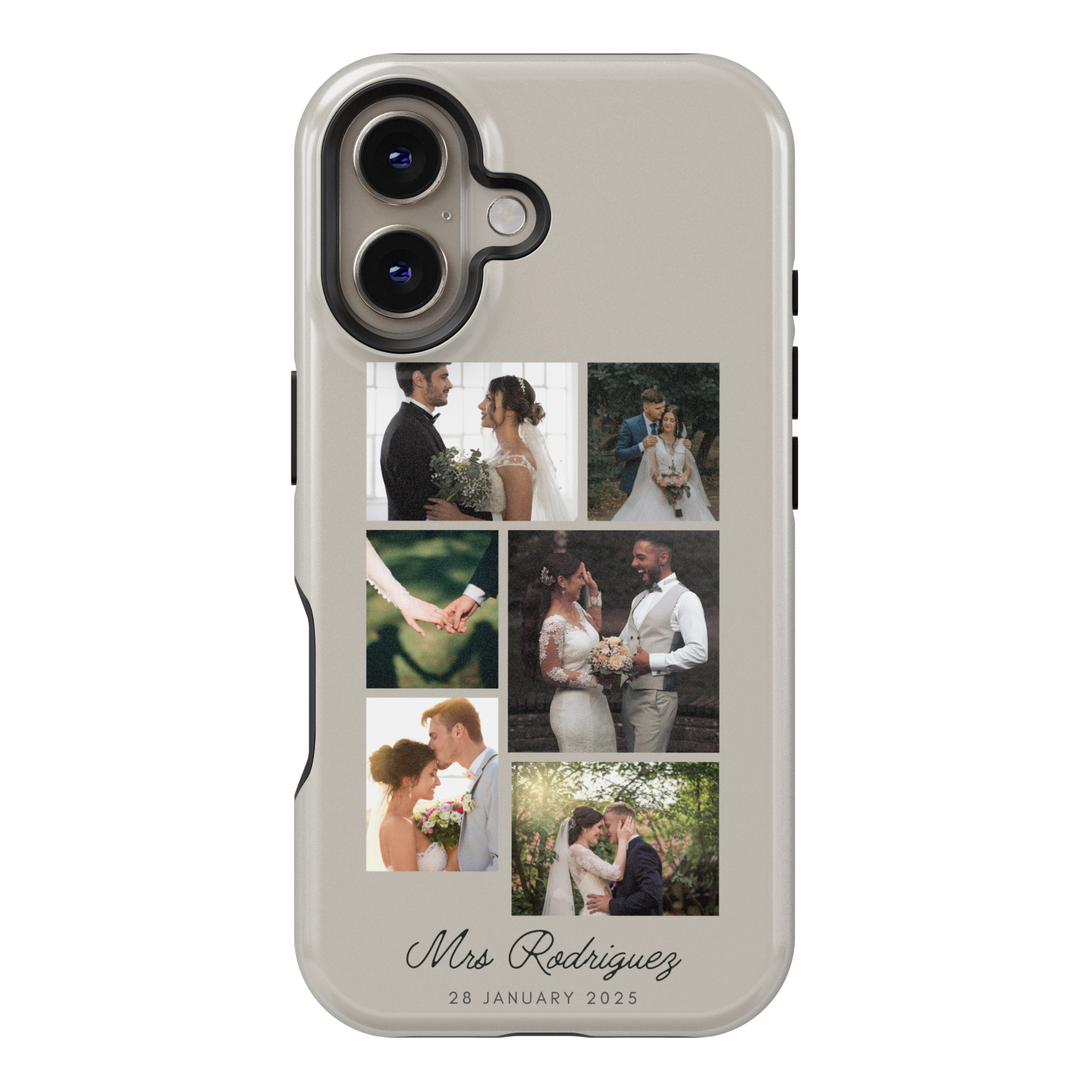 Personalized Wedding Photo Collage Phone Case, Custom Bride and Groom Pictures, Elegant White Leather Texture, Newlywed Name Engraved Cover, Romantic Memory Keepsake, Stylish iPhone 16 Case, Samsung Galaxy S25 Ultra, Google Pixel 9 Pro, Protective Slim Case