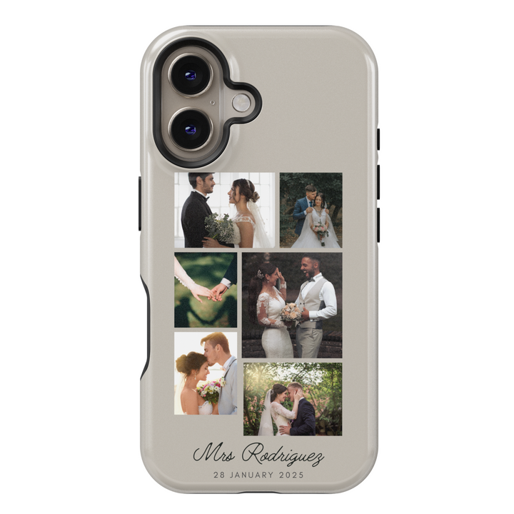 Personalized Wedding Photo Collage Phone Case, Custom Bride and Groom Pictures, Elegant White Leather Texture, Newlywed Name Engraved Cover, Romantic Memory Keepsake, Stylish iPhone 16 Case, Samsung Galaxy S25 Ultra, Google Pixel 9 Pro, Protective Slim Case