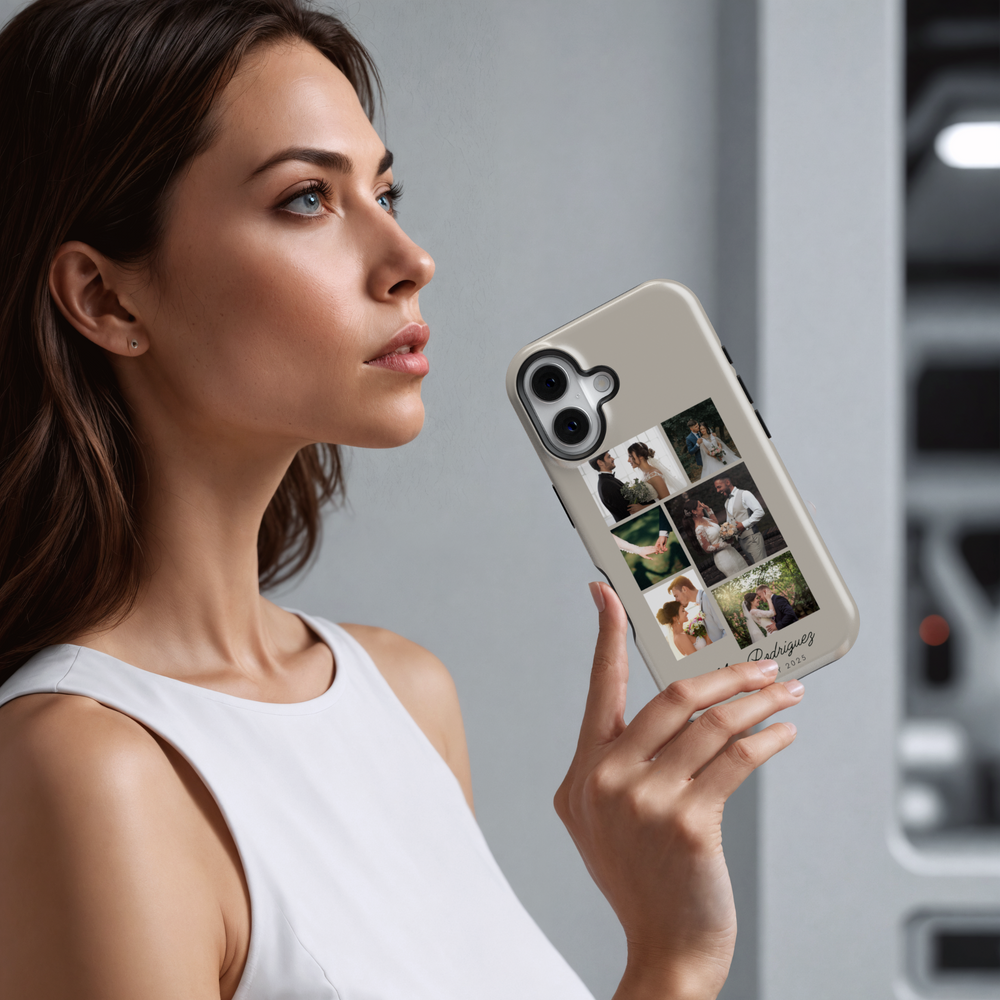 Personalized Wedding Photo Collage Phone Case, Custom Bride and Groom Pictures, Elegant White Leather Texture, Newlywed Name Engraved Cover, Romantic Memory Keepsake, Stylish iPhone 16 Case, Samsung Galaxy S25 Ultra, Google Pixel 9 Pro, Protective Slim Case