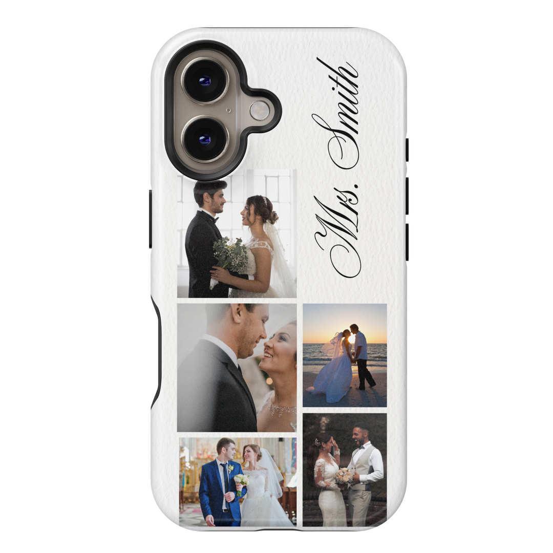 Personalized Wedding Photo Collage Phone Case, Custom Bride and Groom Pictures, Elegant White Leather Texture, Newlywed Name Engraved Cover, Romantic Memory Keepsake, Stylish iPhone 16 Case, Samsung Galaxy S25 Ultra, Google Pixel 9 Pro, Protective Slim Case