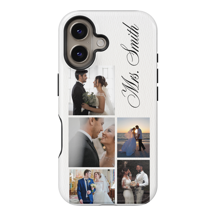 Personalized Wedding Photo Collage Phone Case, Custom Bride and Groom Pictures, Elegant White Leather Texture, Newlywed Name Engraved Cover, Romantic Memory Keepsake, Stylish iPhone 16 Case, Samsung Galaxy S25 Ultra, Google Pixel 9 Pro, Protective Slim Case