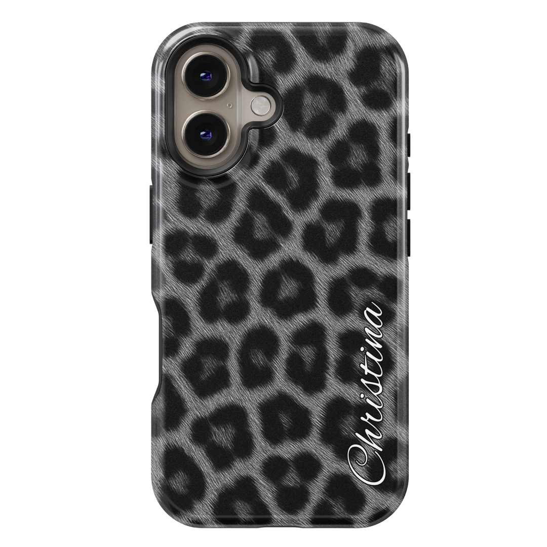 Black and grey leopard print iPhone 16 MagSafe case with custom name Christina – Savage Script