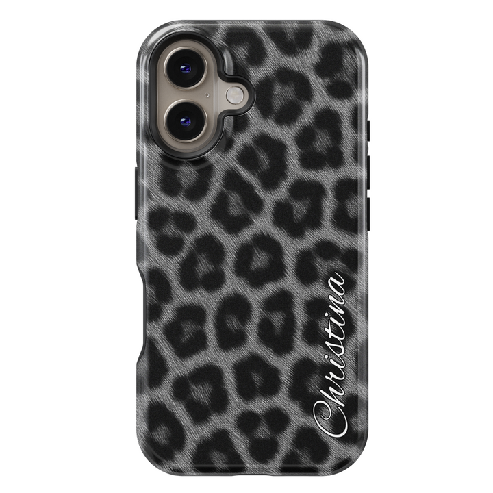 Black and grey leopard print iPhone 16 MagSafe case with custom name Christina – Savage Script