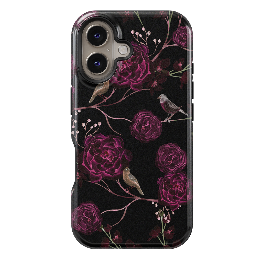 Black iPhone 16 MagSafe case with purple roses and birds – Midnight Garden