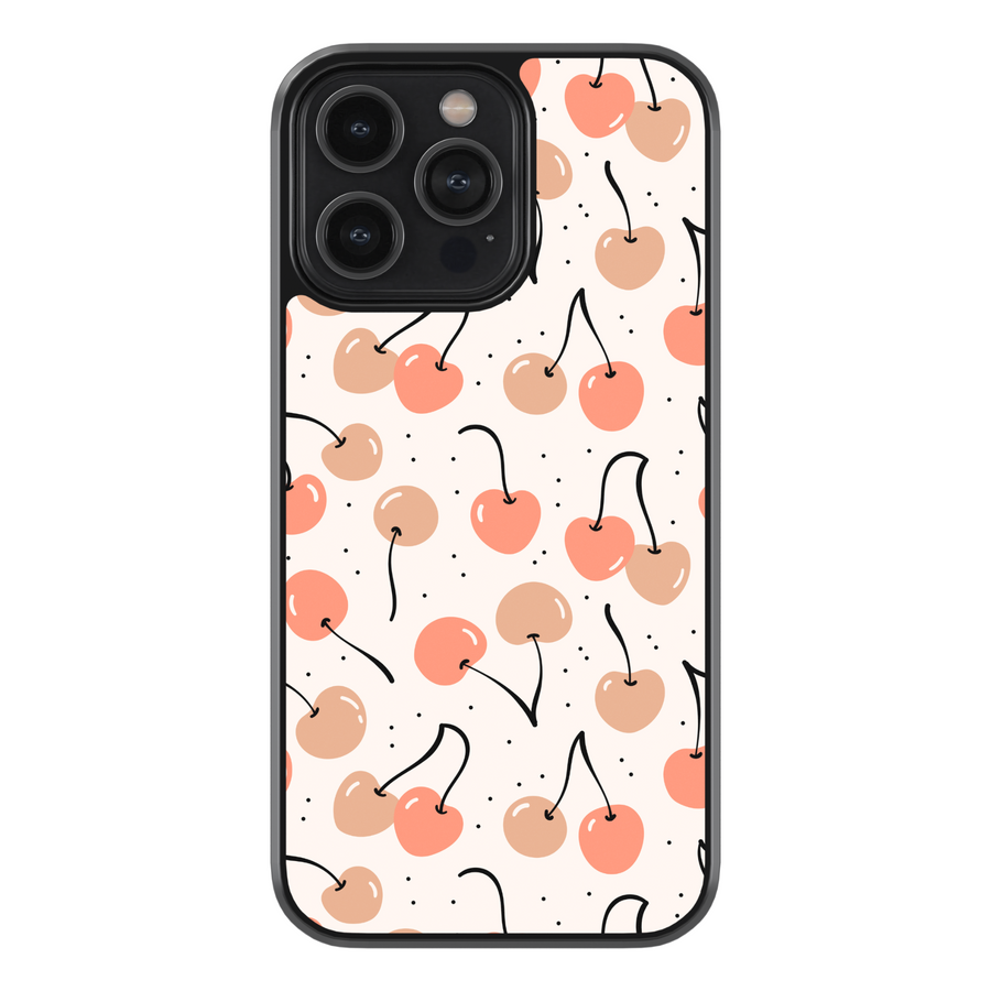 Minimal peach and coral cherry phone case with dotted background – aesthetic fruit design for iPhone and Samsung models
