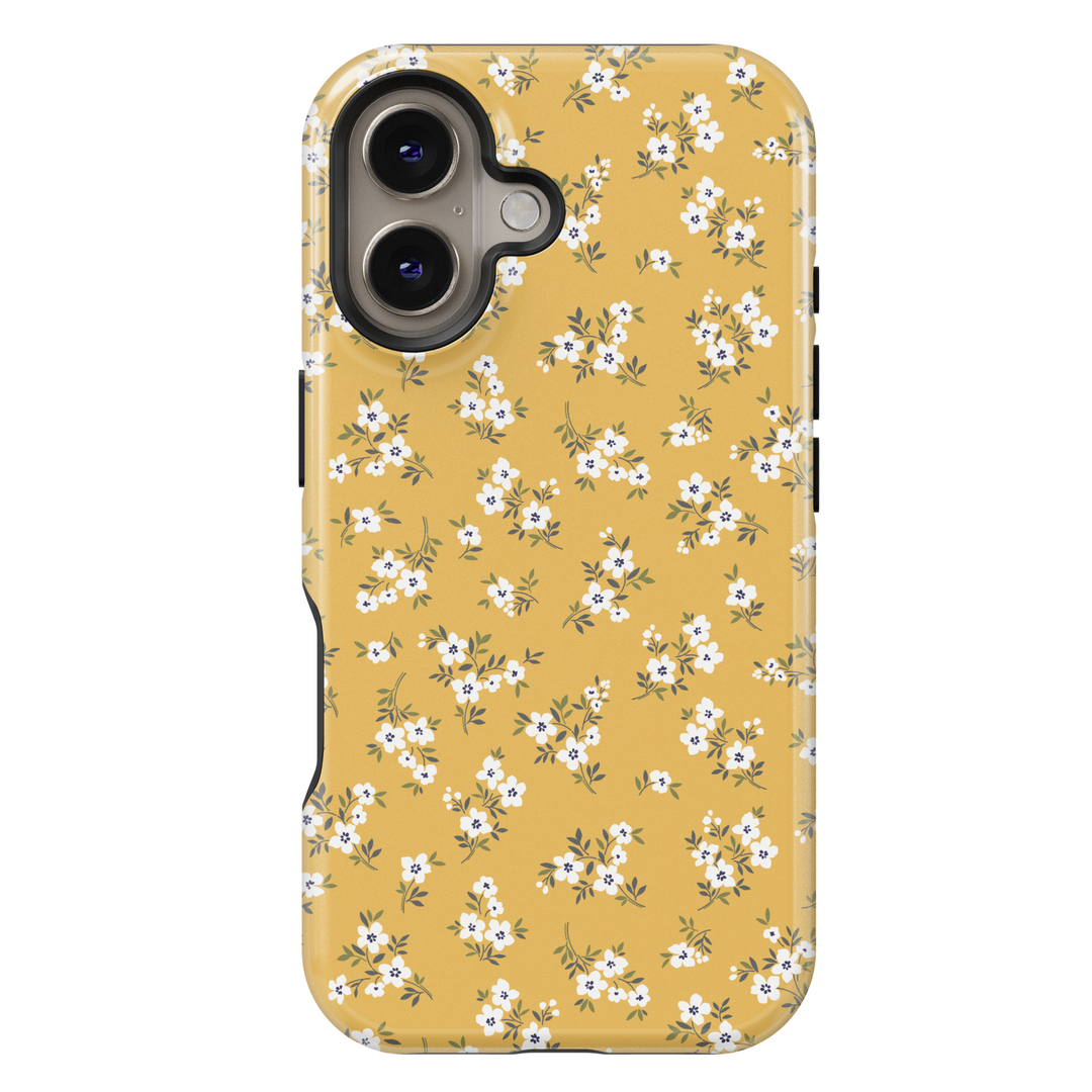 Mustard yellow floral MagSafe iPhone 16 case with white flowers – Golden Field