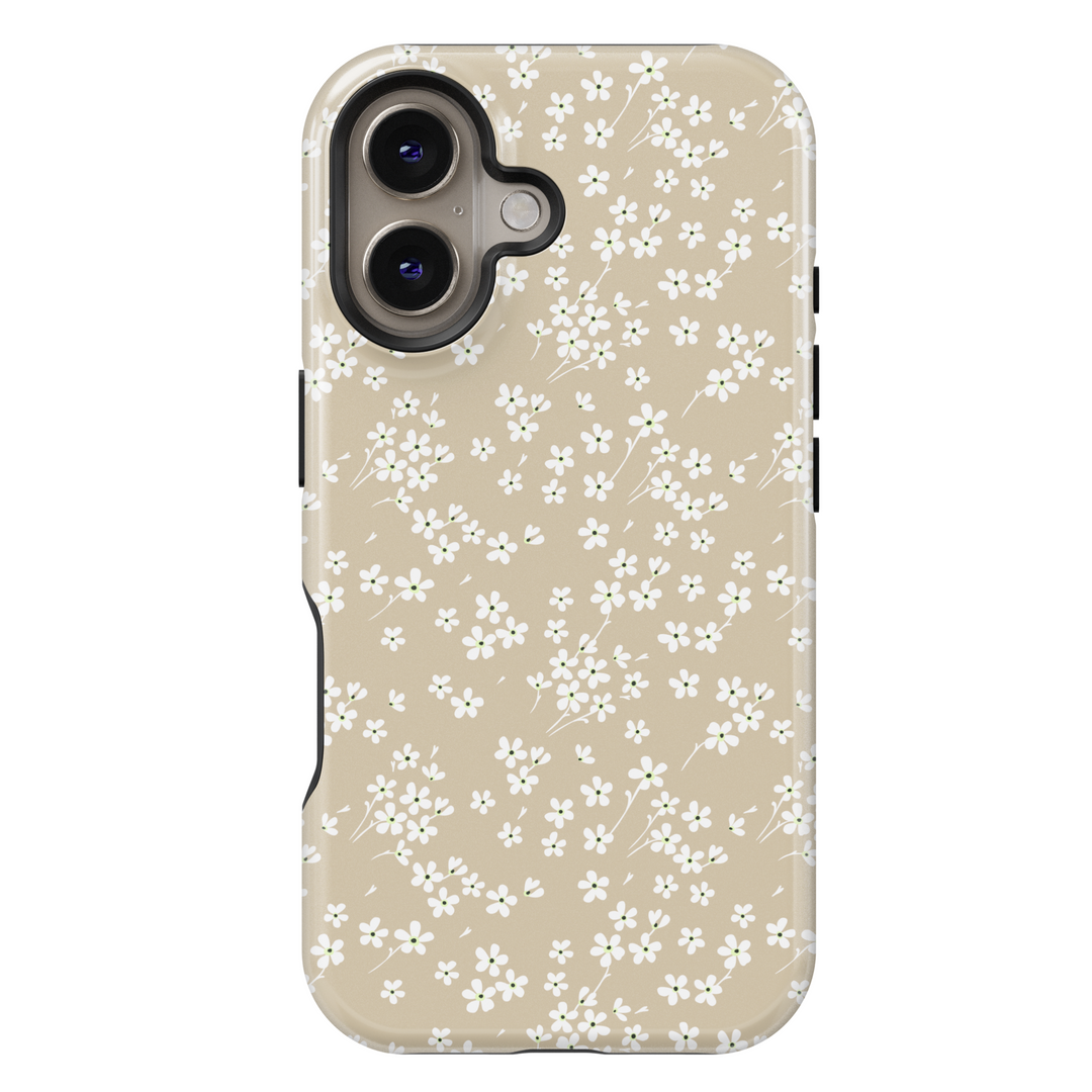 Beige floral iPhone 16 MagSafe case for women with delicate white flowers – Petal Whisper