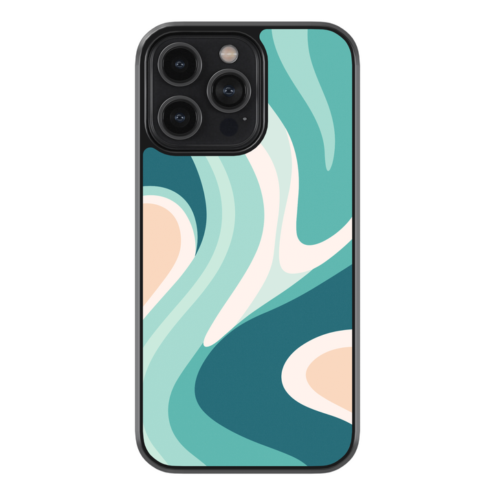 iPhone case with abstract wavy pattern in teal, aqua, cream, and peach tones