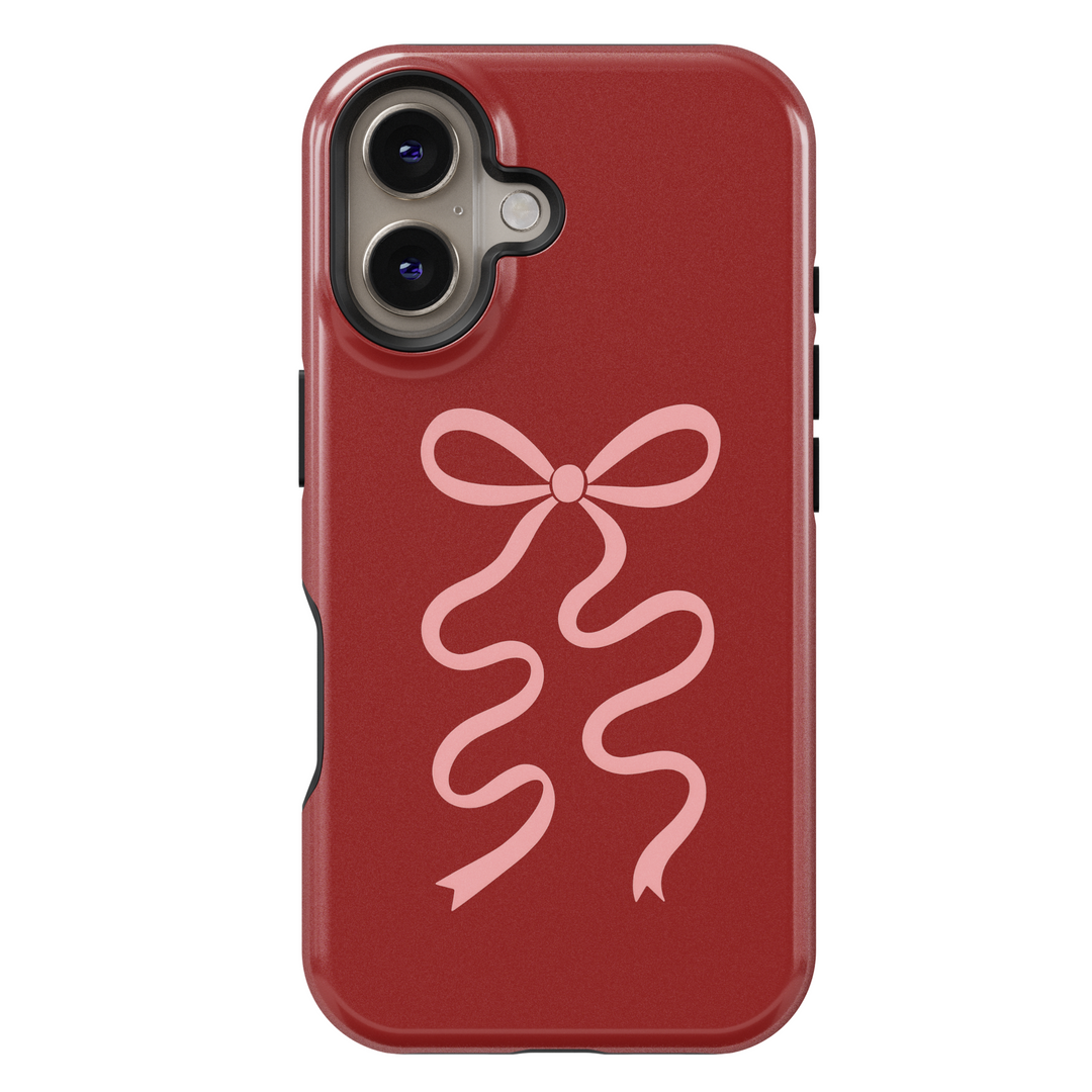 iPhone 16 MagSafe case for women with pink bow on red background – Red Romance