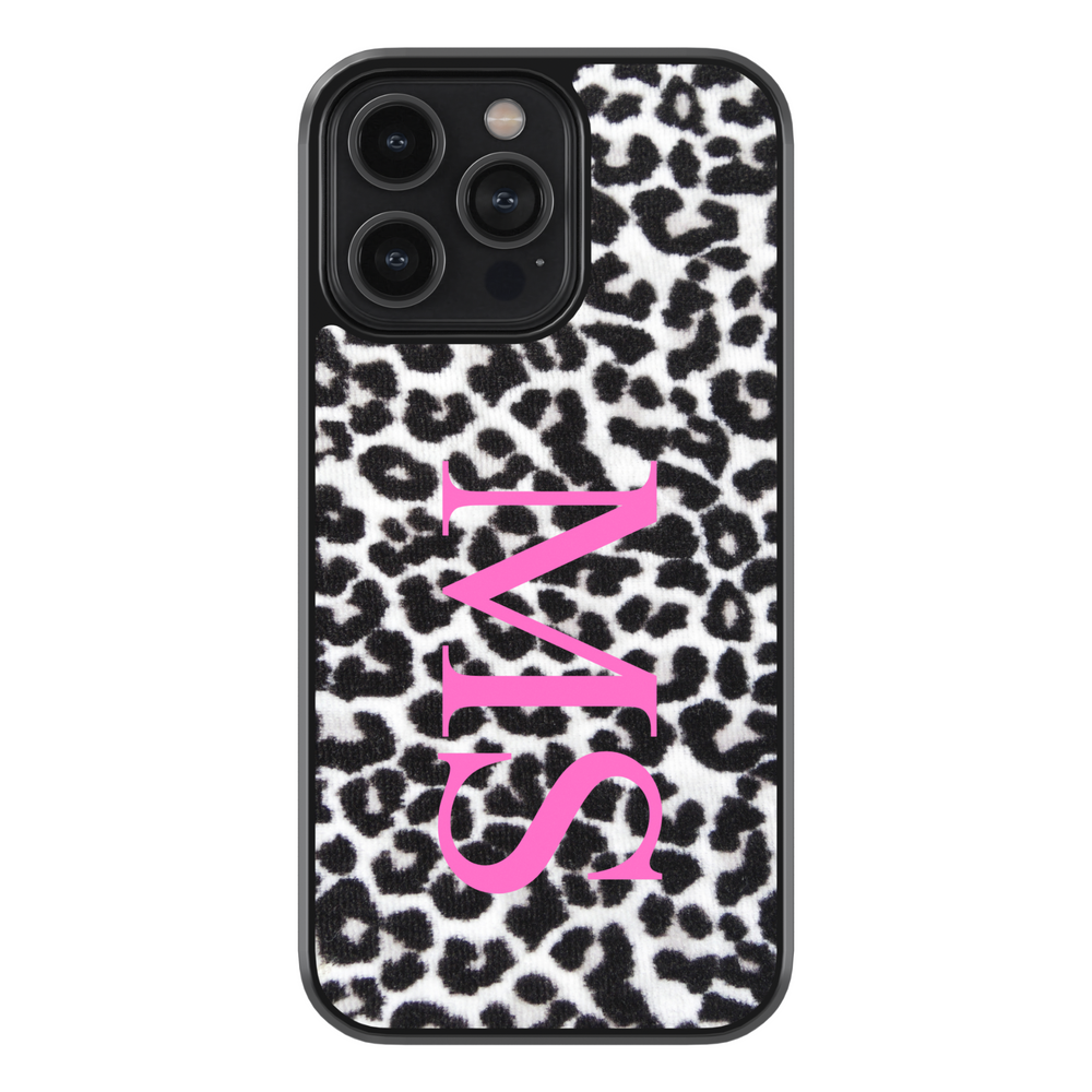 Black and white leopard print phone case with pink vertical monogram – custom iPhone and Samsung case for stylish women