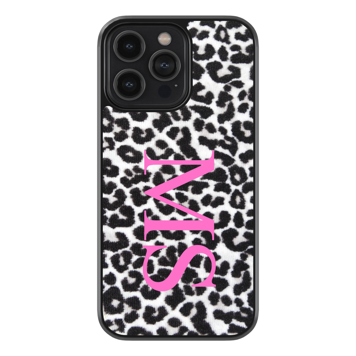 Black and white leopard print phone case with pink vertical monogram – custom iPhone and Samsung case for stylish women