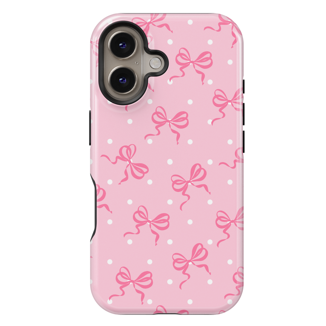 Pink iPhone 16 MagSafe case with bows and white polka dots – Candy Dot