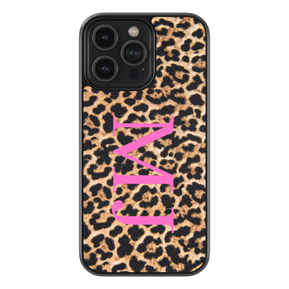 Leopard print phone case with bold pink vertical monogram – personalized iPhone and Samsung case for stylish women