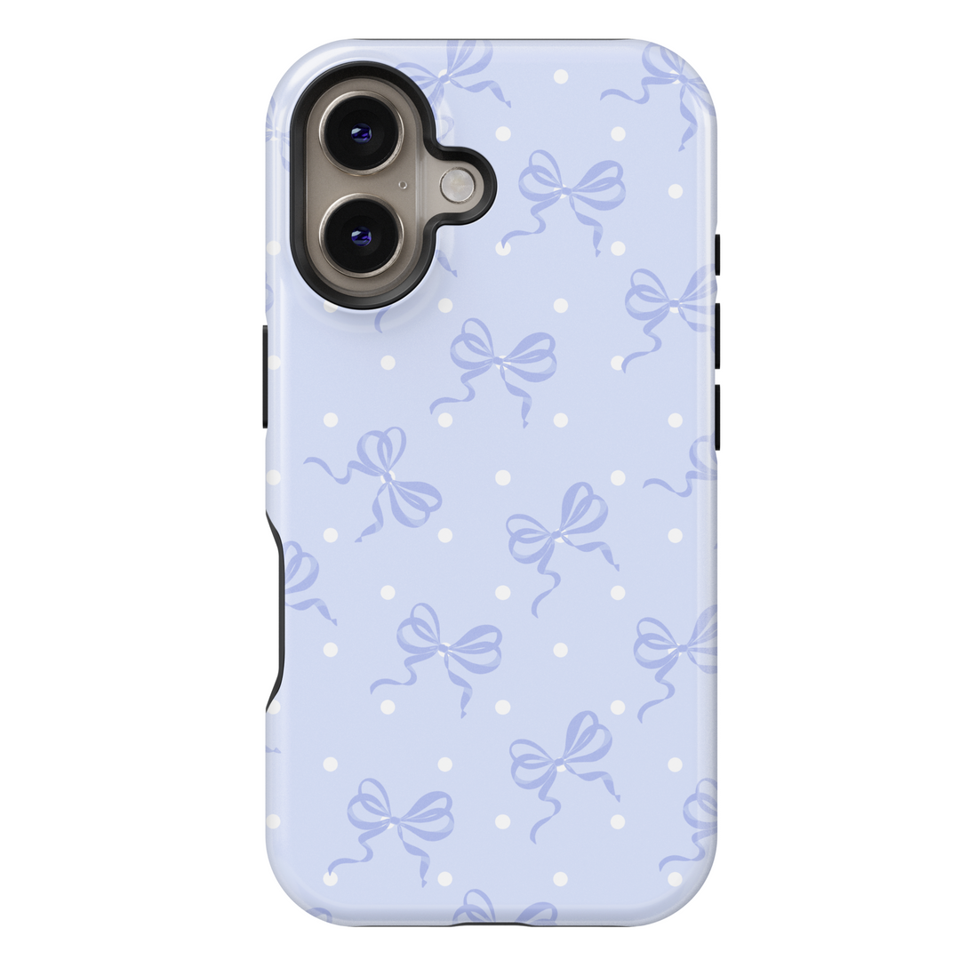 Pastel blue iPhone 16 MagSafe case with bows and polka dots – Blue Whimsy