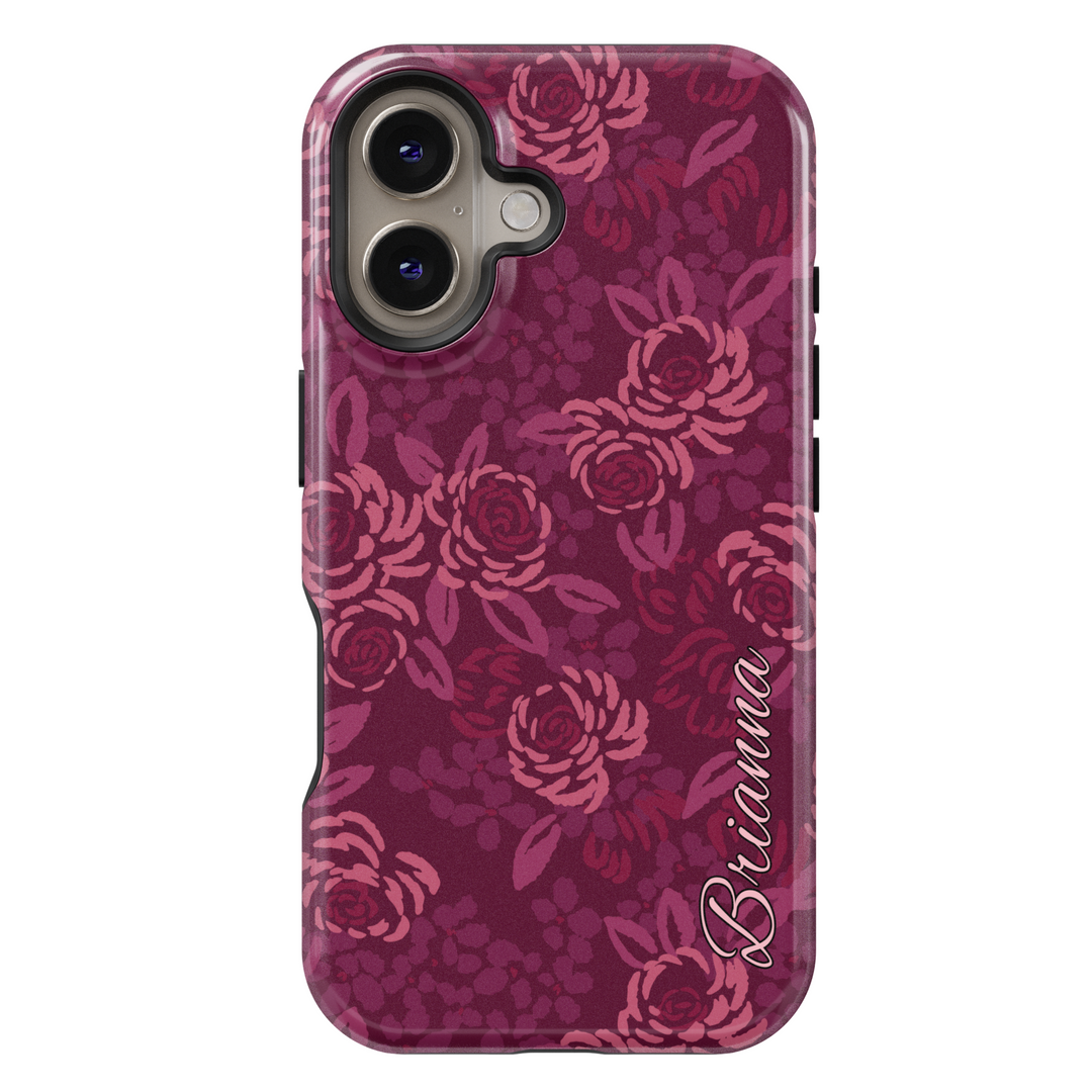 Custom iPhone 16 MagSafe case with burgundy floral pattern and name Brianna – Burgundy Bloom