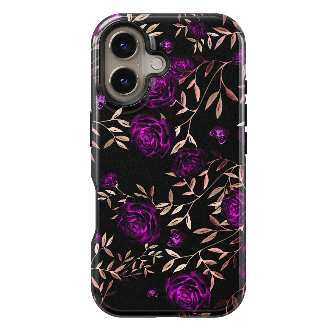Black iPhone 16 MagSafe case with glowing purple roses and gold leaves – Midnight Bloom