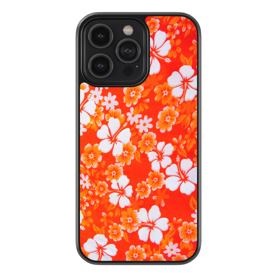 Bright red and orange floral phone case with white hibiscus flowers – tropical summer aesthetic case for iPhone and Samsung, perfect for women