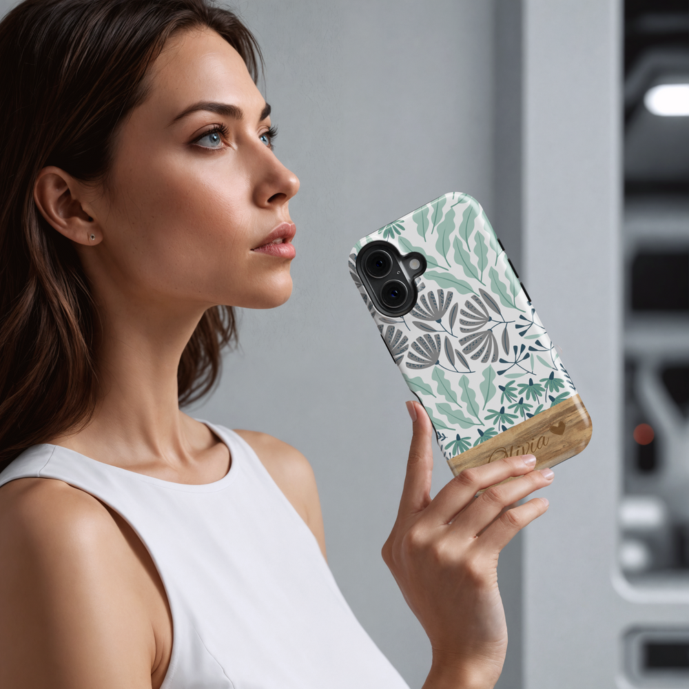 Personalized Green Botanical Phone Case, Custom Name Engraved Cover, Elegant Floral Sketch Design, Rustic Wood Accent, Stylish iPhone 16 Case, Google Pixel 9 Pro, Galaxy S25, Slim Protective Case, Shockproof Durable Cover