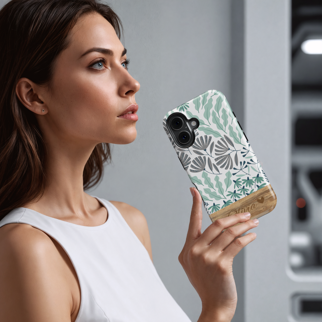 Personalized Green Botanical Phone Case, Custom Name Engraved Cover, Elegant Floral Sketch Design, Rustic Wood Accent, Stylish iPhone 16 Case, Google Pixel 9 Pro, Galaxy S25, Slim Protective Case, Shockproof Durable Cover