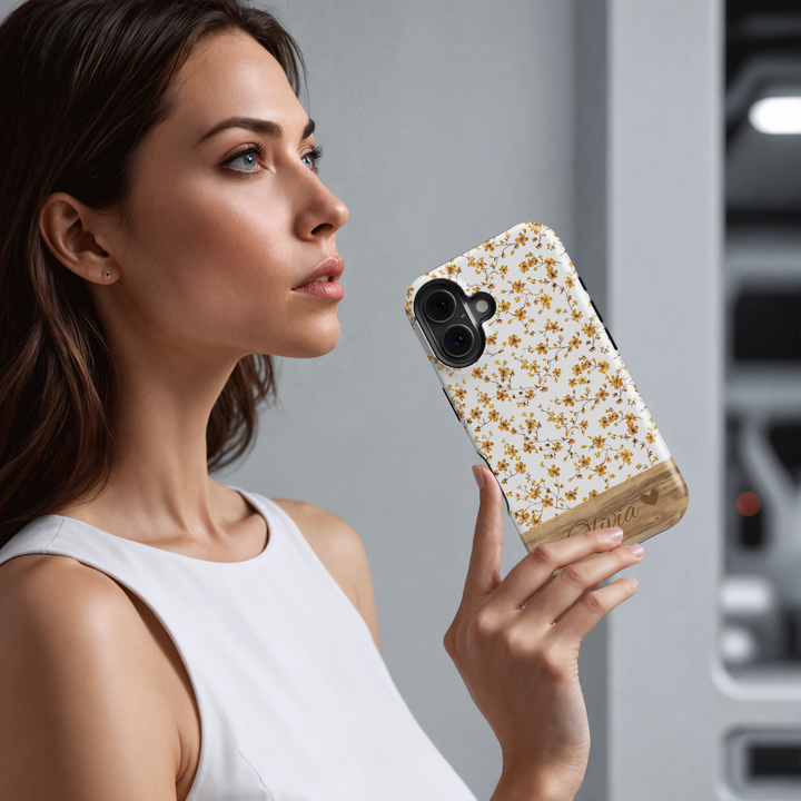 Personalized Floral Phone Case, Custom Name Engraved Cover, Vintage Wildflower Design, Rustic Wood Accent, Stylish iPhone 16 Case, Google Pixel 9 Pro, Galaxy S25, Slim Protective Case, Shockproof Durable Cover