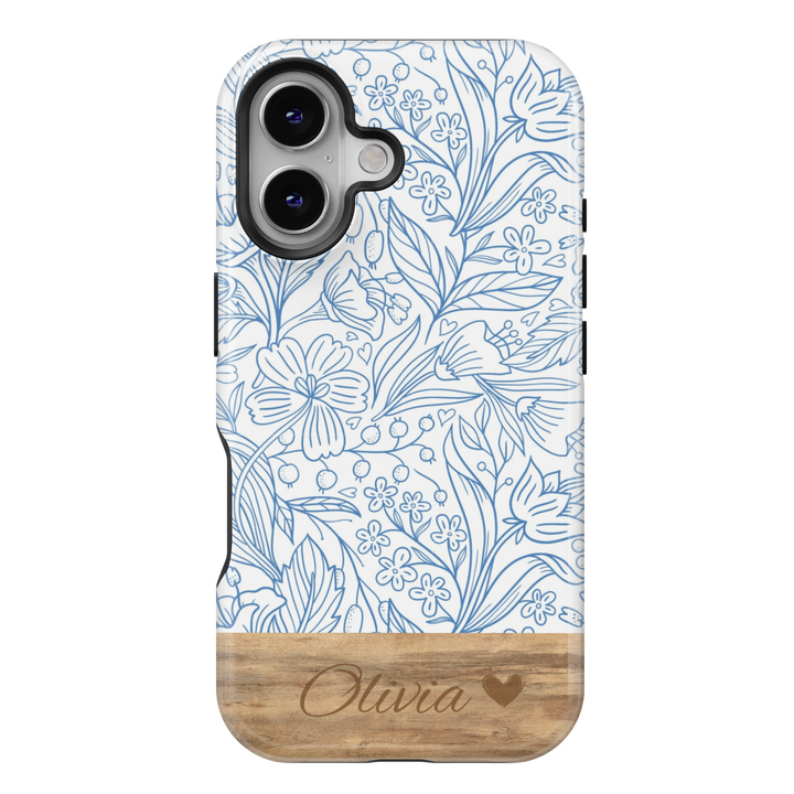 Personalized Blue Floral Phone Case, Custom Name Engraved Cover, Elegant Botanical Line Art Design, Rustic Wood Accent, Stylish iPhone 16 Case, Google Pixel 9 Pro, Galaxy S25, Slim Protective Case, Shockproof Durable Cover