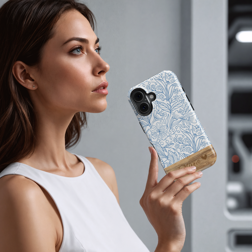 Personalized Blue Floral Phone Case, Custom Name Engraved Cover, Elegant Botanical Line Art Design, Rustic Wood Accent, Stylish iPhone 16 Case, Google Pixel 9 Pro, Galaxy S25, Slim Protective Case, Shockproof Durable Cover