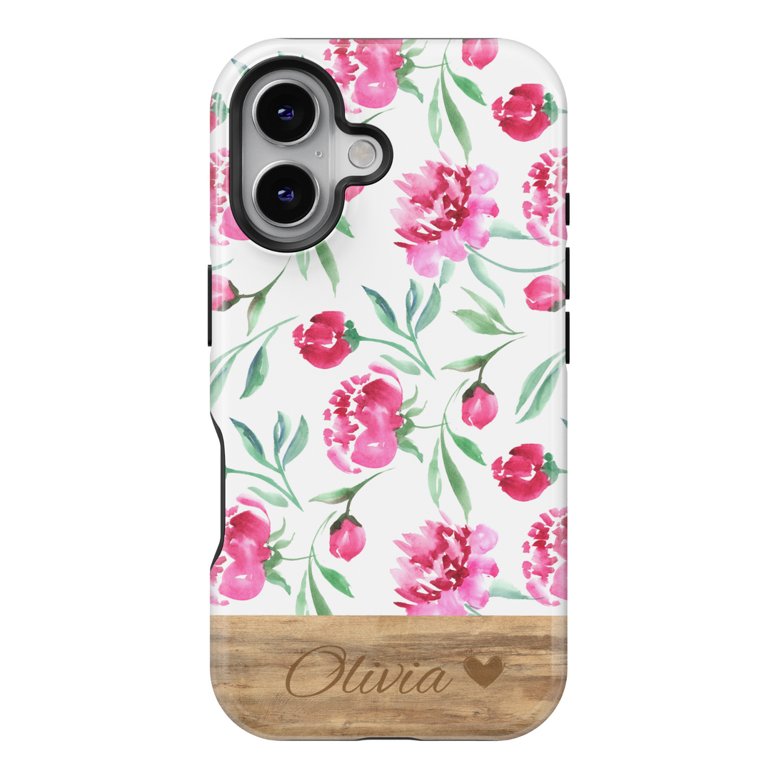 Personalized Watercolor Floral Phone Case, Custom Name Engraved Cover, Elegant Pink Peony Design, Rustic Wood Accent, Stylish iPhone 16 Case, Google Pixel 9 Pro, Galaxy S25, Slim Protective Case, Shockproof Durable Cover