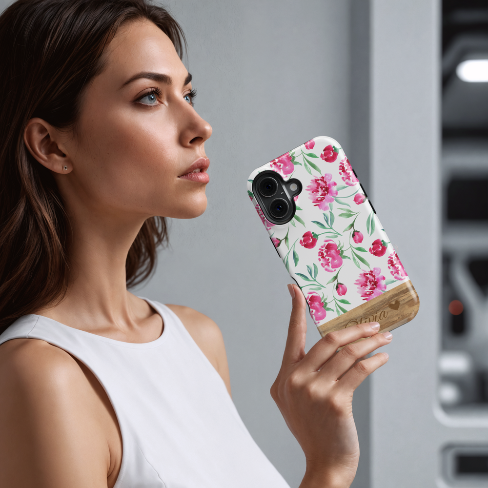Personalized Watercolor Floral Phone Case, Custom Name Engraved Cover, Elegant Pink Peony Design, Rustic Wood Accent, Stylish iPhone 16 Case, Google Pixel 9 Pro, Galaxy S25, Slim Protective Case, Shockproof Durable Cover