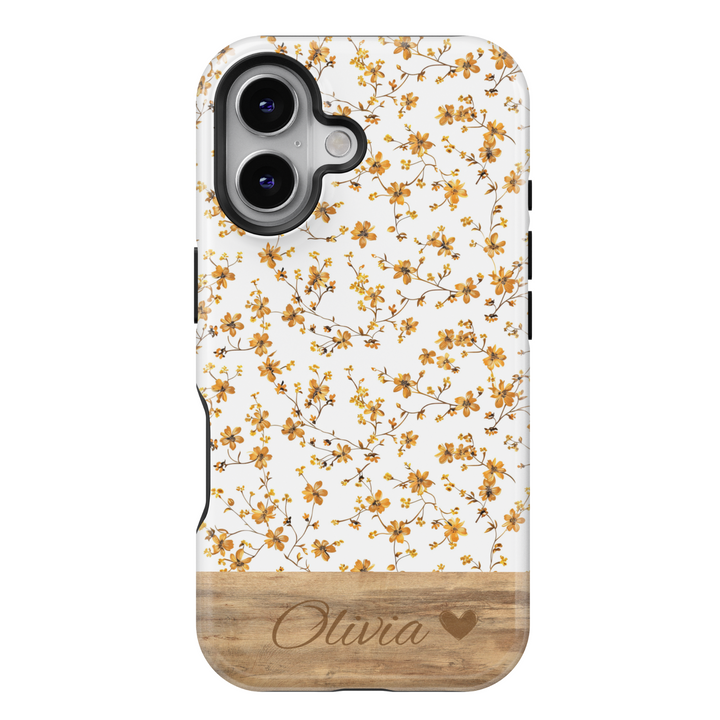 Personalized Floral Phone Case, Custom Name Engraved Cover, Vintage Wildflower Design, Rustic Wood Accent, Stylish iPhone 16 Case, Google Pixel 9 Pro, Galaxy S25, Slim Protective Case, Shockproof Durable Cover
