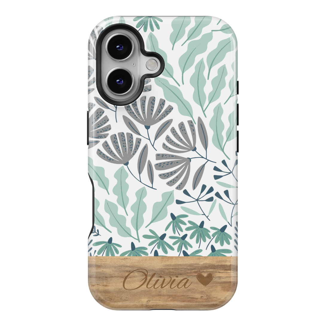 Personalized Green Botanical Phone Case, Custom Name Engraved Cover, Elegant Floral Sketch Design, Rustic Wood Accent, Stylish iPhone 16 Case, Google Pixel 9 Pro, Galaxy S25, Slim Protective Case, Shockproof Durable Cover
