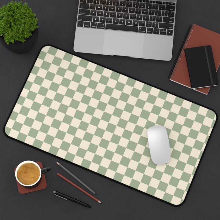 sage desk mat, green desk pad, checkered mat, office decor, home office mat, desk accessory, eco-friendly mat, geometric mat, desk mat green, pattern desk pad, work from home, minimal desk mat, trendy desk mat